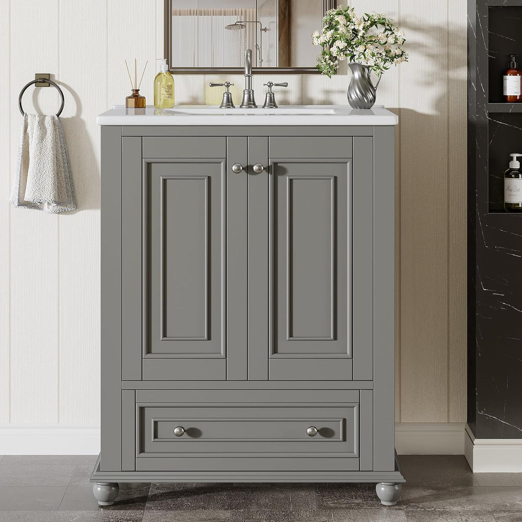 Tribesigns 24' Bathroom Vanity with Ceramic Sink Combo, Freestanding Bathroom vanities Storage Cabinet with 2 Doors & 1 Drawer, Solid Wooden Frame & Coated Surface, Metal Handle (Grey, 24 Inch)