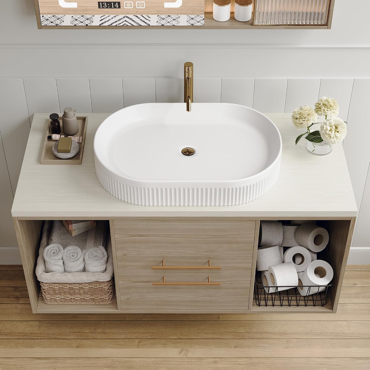 40' Bathroom Vanity with Sink Set, Modern Oak Wall Mounted Bathroom Vanity Cabinet with Above Oval Ceramic Sink,Gold Handle 2 Drawers & 2 Open Storage, Single Sink Floating Bathroom Vanity