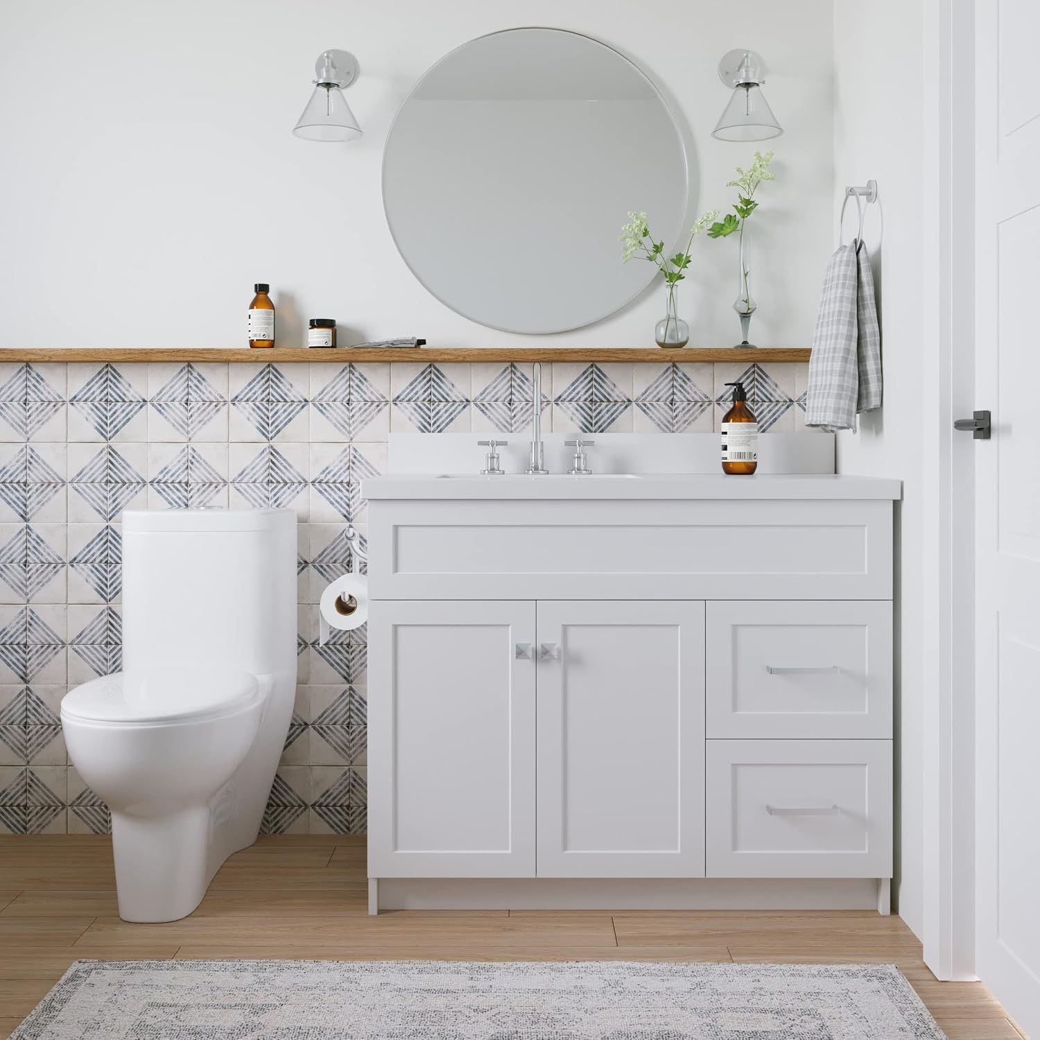 ARIEL 42' Gray Single Bathroom Vanity with 1.5' White Quartz Countertop, Rectangular Undermount Sink, Solid Wood Frame, 2 Soft Closing Doors, Dovetail Drawers