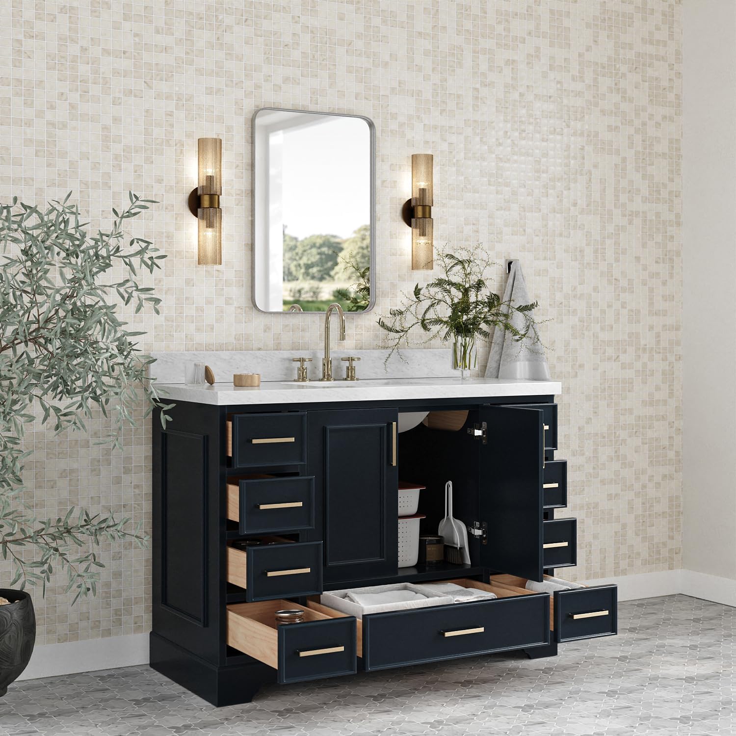 ARIEL Stafford 48-inch Bathroom Vanity with Sink,Solid Wood, 1.5-inch Italian Carrara Marble Countertop, Single Rectangular Porcelain Sink, 2 Soft Closing Doors, 9 Dovetail Drawers, Midnight Blue