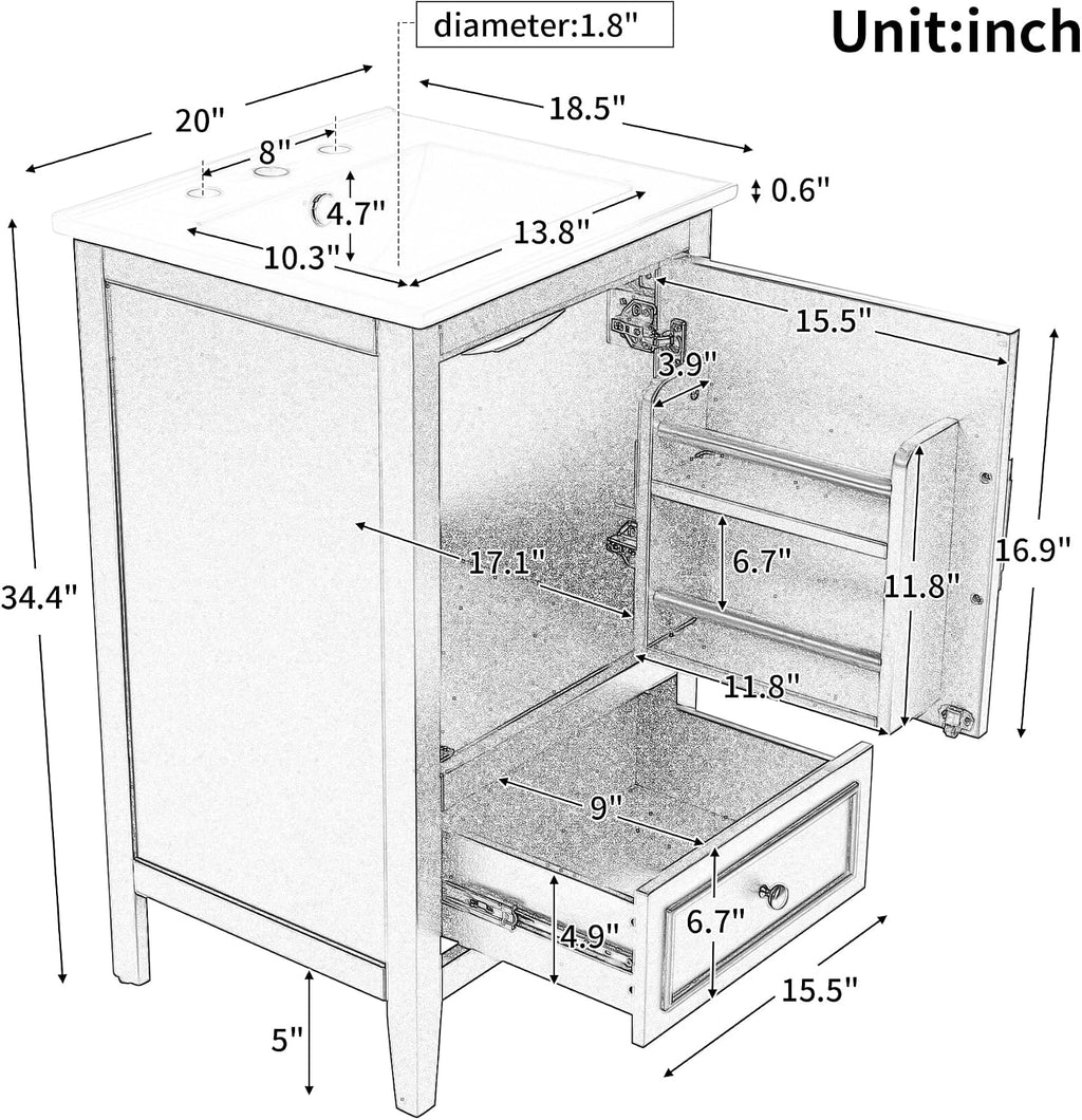 20-inch Bathroom Vanity with Sink Combo, Free-Standing Single Bathroom Storage Cabinet with Soft Closing Door, Storage Rack, and Drawer, Vanity with Ceramic Basin for Bathroom (White)