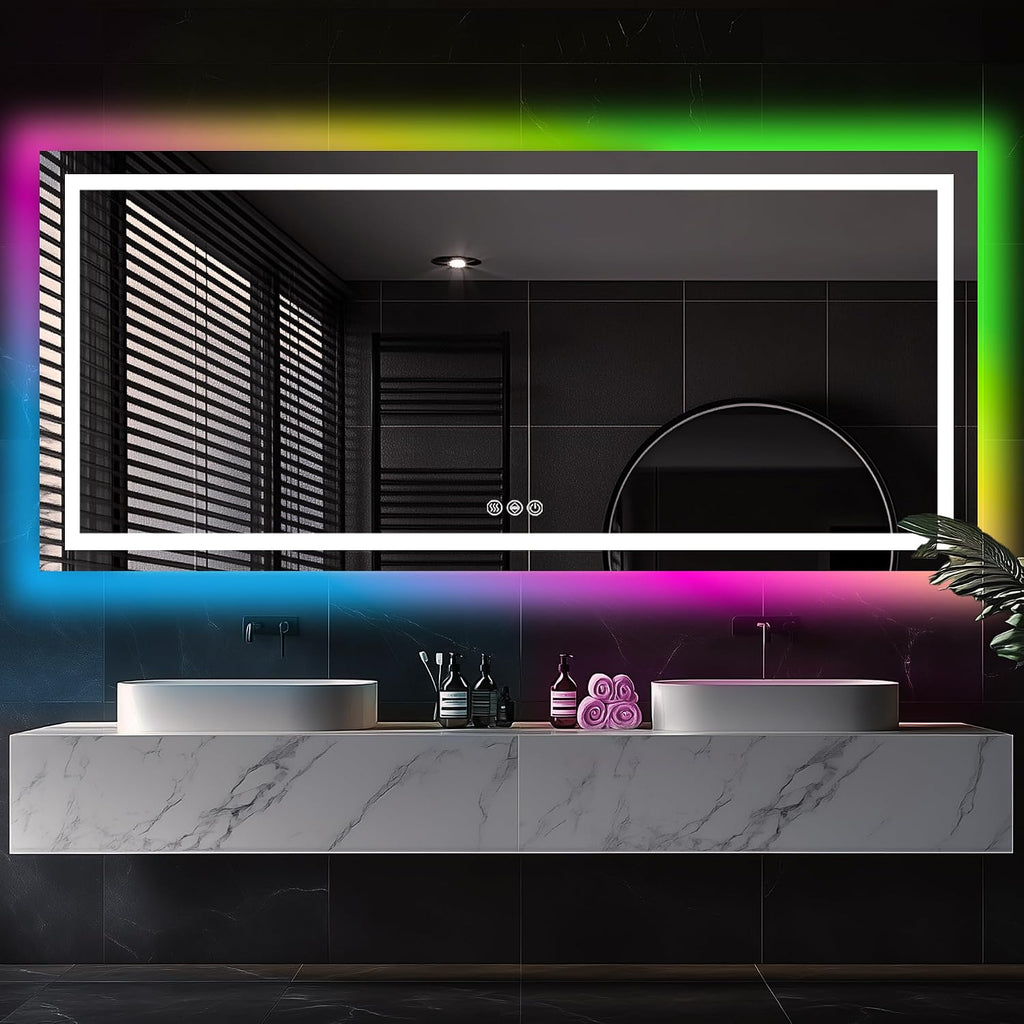 Antok 72x32 LED Bathroom Mirror with Lights, Backlit + Front Lit Vanity Mirror with CRI>90, Dimmable Anti-Fog Smart Mirror with Memory Function, 11 Color Temperatures, Shatterproof Tempered Glass, ETL