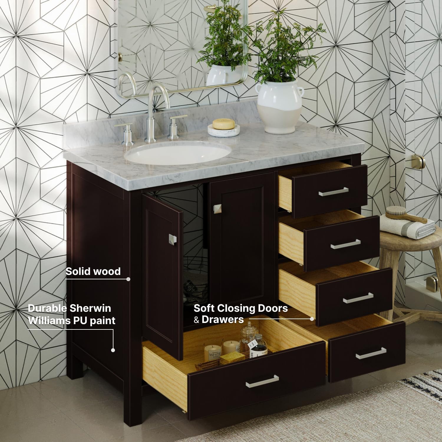 ARIEL Cambridge 42-inch Bathroom Vanity with Sink,Solid Wood, 1.5-inch Italian Carrara Marble Countertop & Backsplash, Single Oval Porcelain Sink, 2 Soft Closing Doors, 5 Dovetail Drawers, Espresso