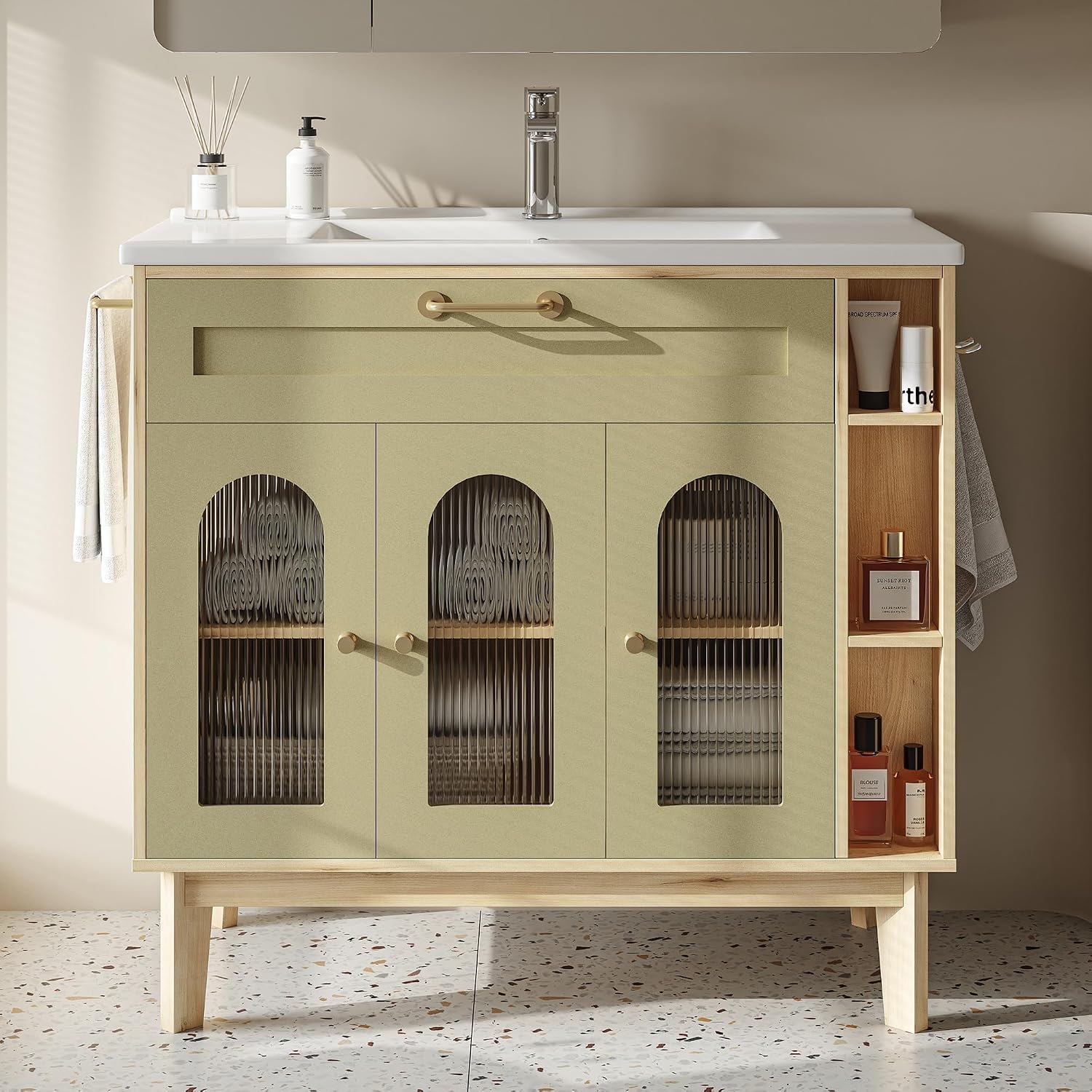 LIKIMIO 36 Inch Bathroom Vanity with Sink, Arched Glass Door Storage with Adjustable Shelf, Towel Bar & Toilet Paper Holder, Side Open Shelves, Solid Wood Legs, 36' Single Sink Vanity