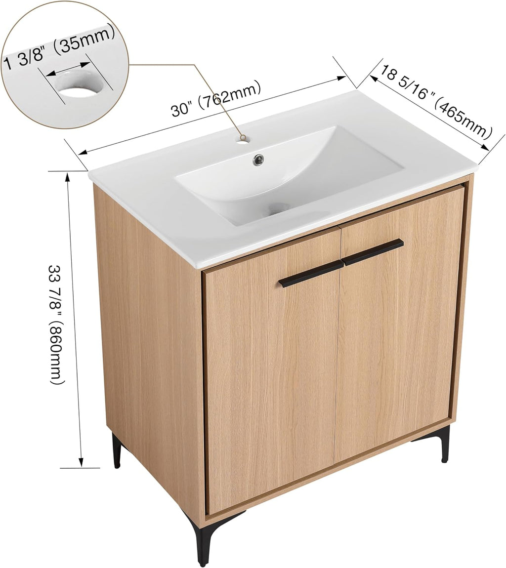 30 Inch Bathroom Vanity with Sink, Freestanding Single Sink Bathroom Vanity with Soft Closed Doors, Integrated Sink, Engineered Wood Bathroom Sink Vanity (Oak)