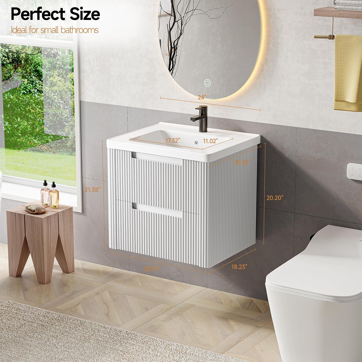 ONBRILL Modern Bathroom Vanity with Sink Combo, Curved Floating Bath Vanity with 2 Drawers, Wall Mount Bathroom Vanities with Integrated Ceramic Sink for Small Space, Apartment (White, 24')