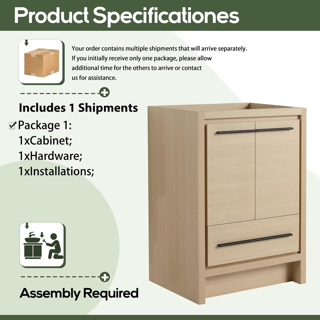 24 Inch Bathroom Vanity Without Sink, 24' Freestanding Vanity Without Sink Top, Sturdy Plywood Wooden Cabinet and 1 Drawer with Stainless Steel Slide Rails, Modern Floor-Standing Cabinet