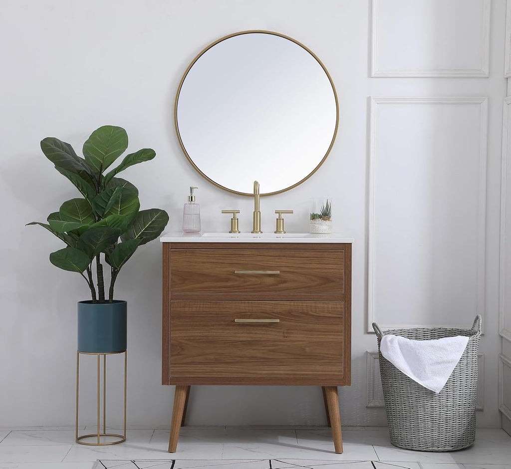 30' Pre-Assembled Bathroom Vanity with Sink, Engineered Wood, Ivory White Engineered Marble Countertop Attached, Single Rectangle Porcelain Sink, 2 Soft-Close Drawers, Walnut Brown