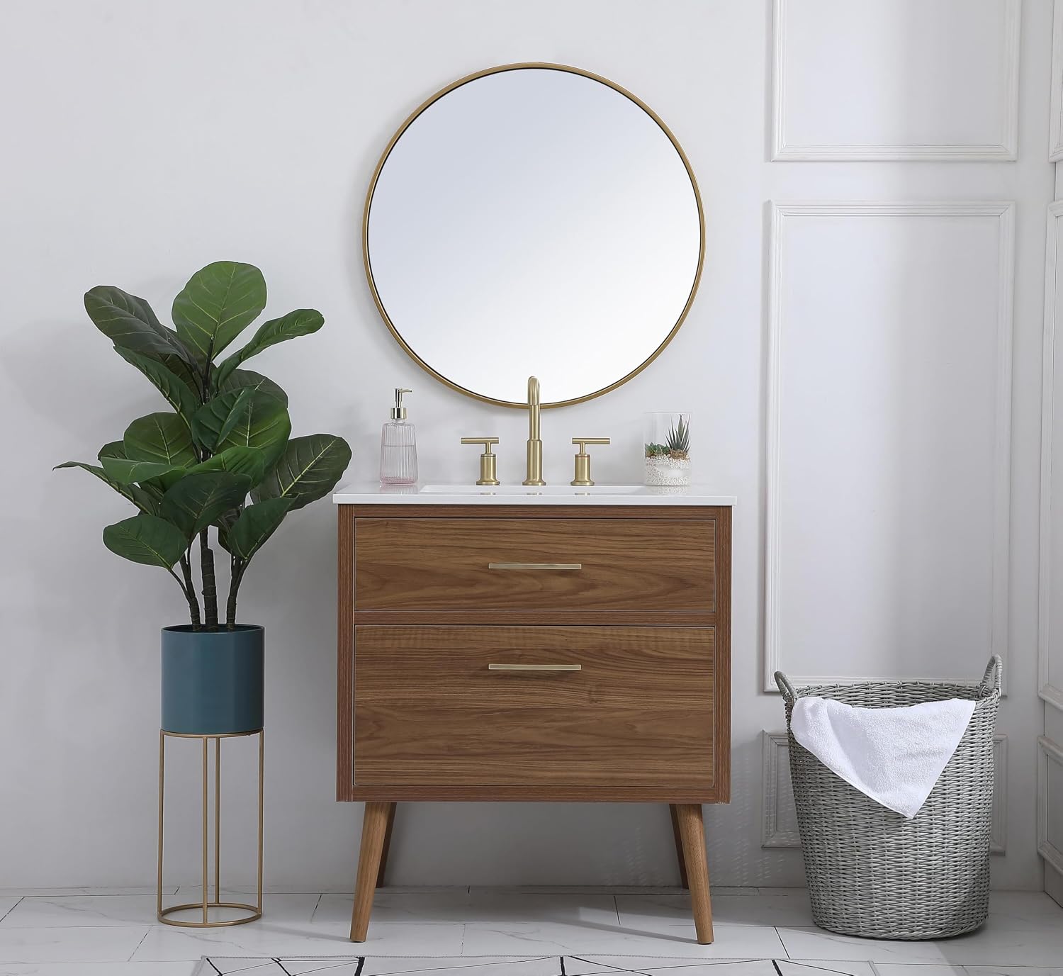 30' Pre-Assembled Bathroom Vanity with Sink, Engineered Wood, Ivory White Engineered Marble Countertop Attached, Single Rectangle Porcelain Sink, 2 Soft-Close Drawers, Walnut Brown