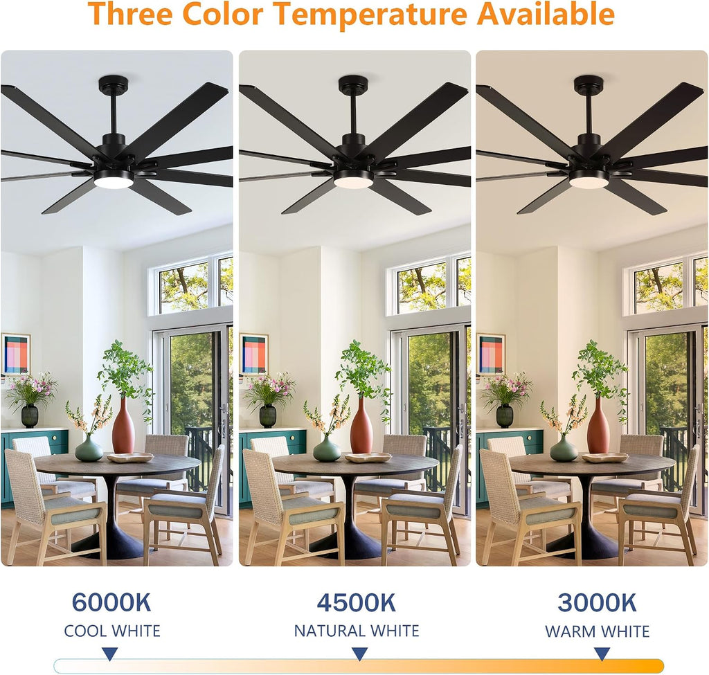 84 Inch Large Size With Light Kit & Remote Control 8 PCS Blades Ceiling Fan 3 Color Dimmable Led Dc Motor Reversible 6 Speed Quiet Remote Control Ceiling Fan For Living Room Bedroom Indoor Matte Black