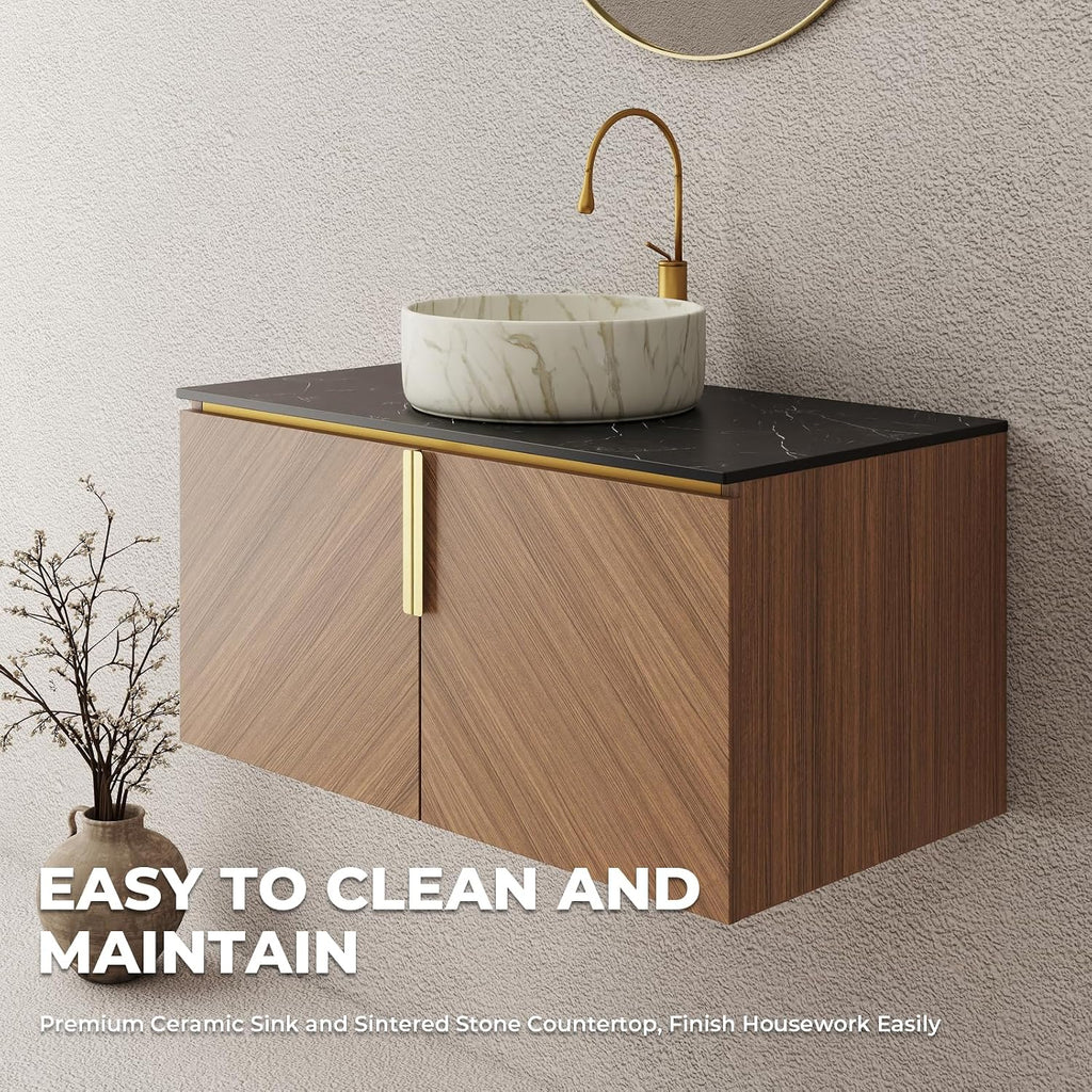LKTART 36 Inch Bathroom Vanity with Sink, Modern Wall Mounted Bathroom Sink with 2 Doors, Black Sintered Stone Countertop and Stone Round Ceramic Basin