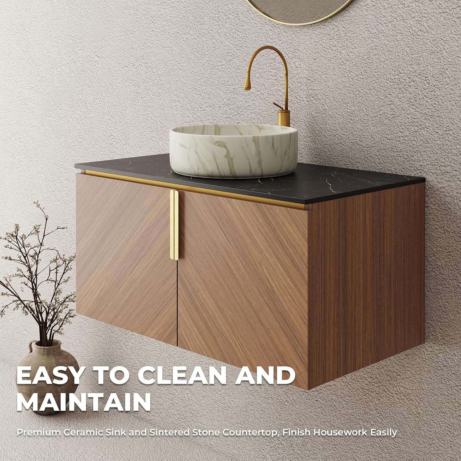 LKTART 36 Inch Bathroom Vanity with Sink, Modern Wall Mounted Bathroom Sink with 2 Doors, Black Sintered Stone Countertop and Stone Round Ceramic Basin