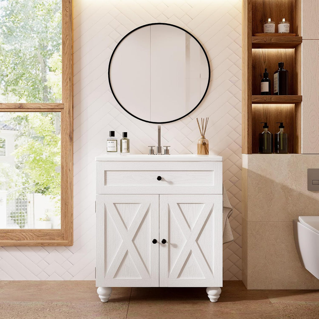 ModernMate 30 Inch Bathroom Vanity with Sink Easy-to-Install Farmhouse Bathroom Sink 2-Tier Storage Areas with Adjustable Shelves 4-Tier Storage Compartments Tip-Out Drawer 2 Hooks Solid Wood Legs
