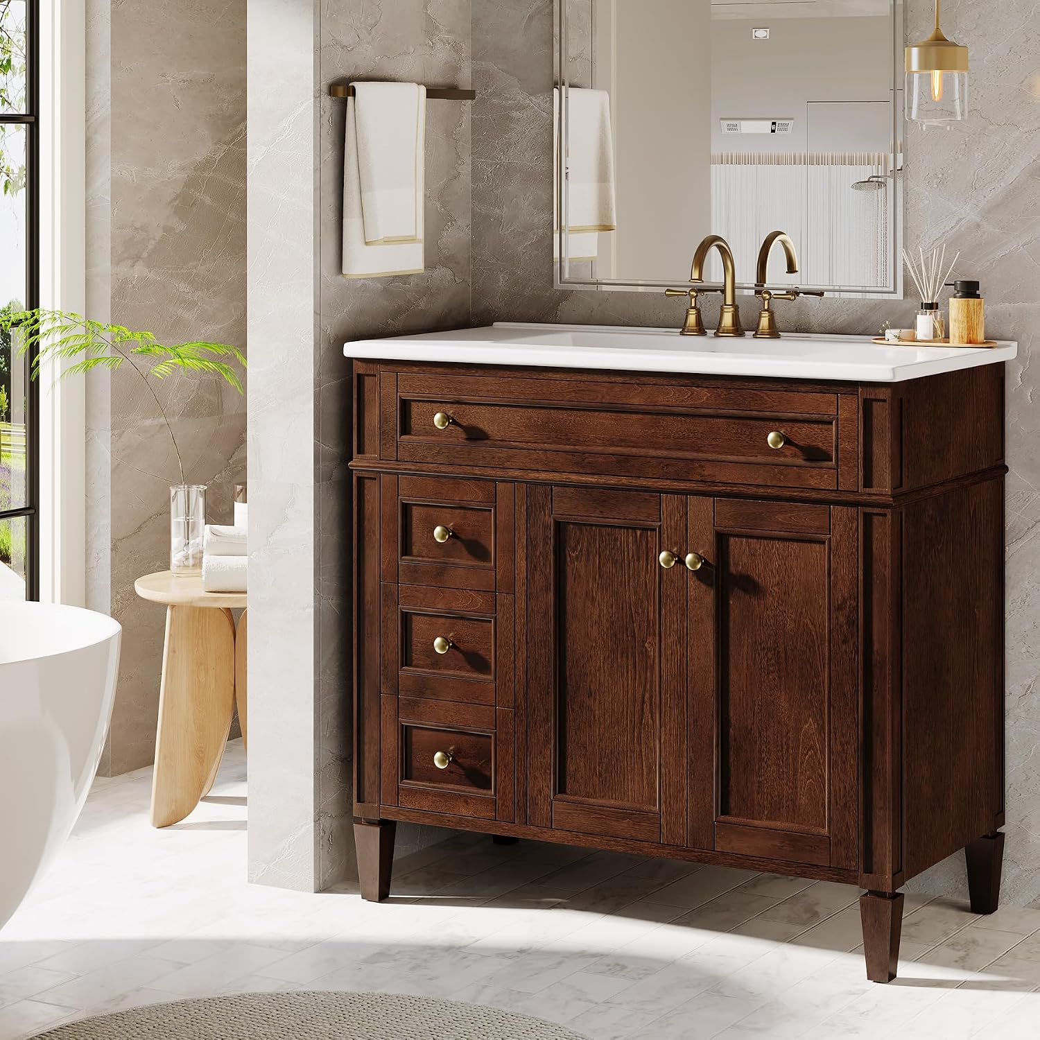Tribesigns 36' Bathroom Vanity with Sink, Farmhouse Bathroom Sink Cabinet with 4 Drawers & 2 Doors, Bath Storage Vanity Sink with Metal Handles, Solid Wood Frame, Paint Surface Brown