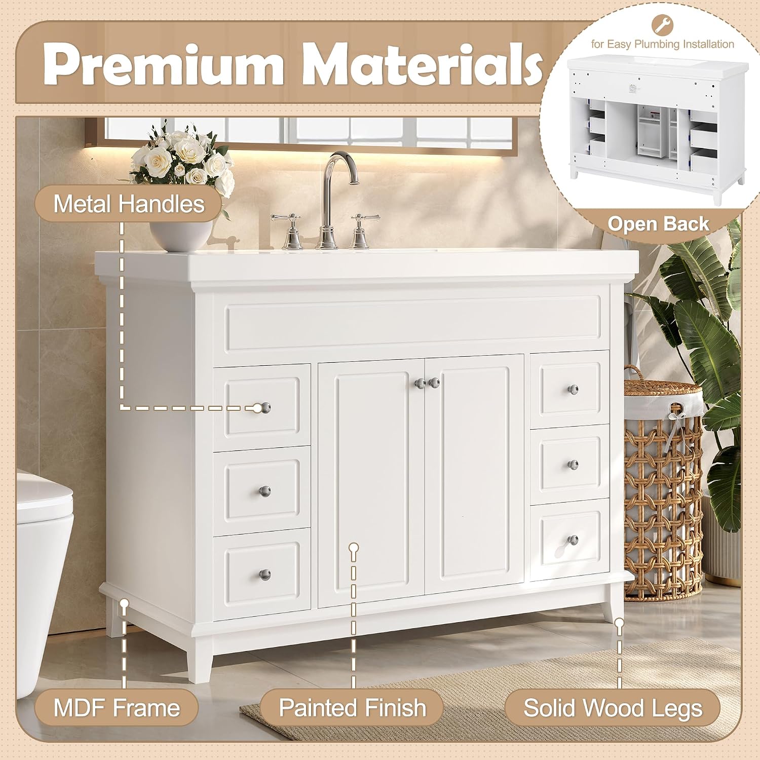 48' Bathroom Vanities Cabinet with Sink Top, Soft-Closing 6 Drawers and 2 Doors, Solid Wood Frame, White