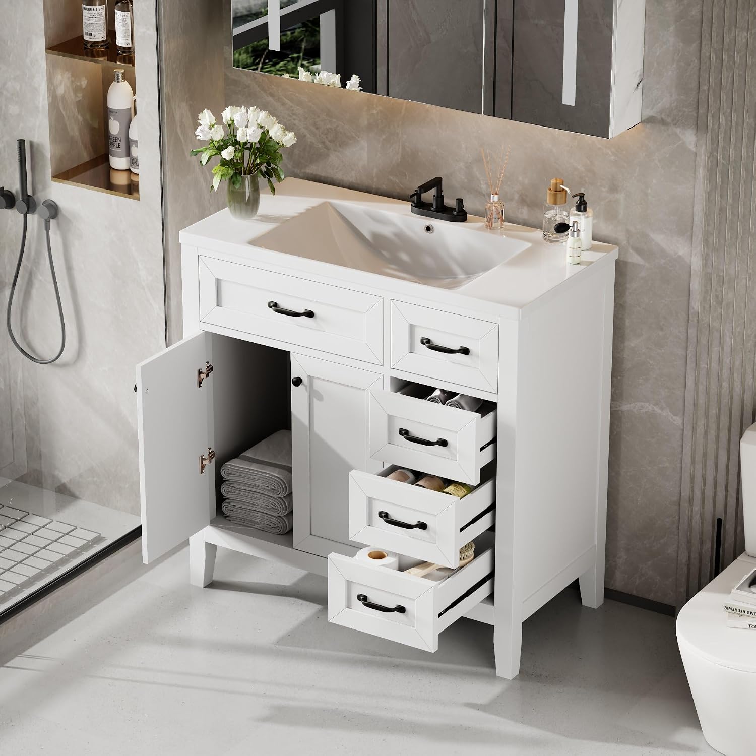 36' Bathroom Vanities Cabinet with Ceramic Sink Top, Two Doors and Three Drawers, Soft-Closing Door, Solid Wood Legs, White