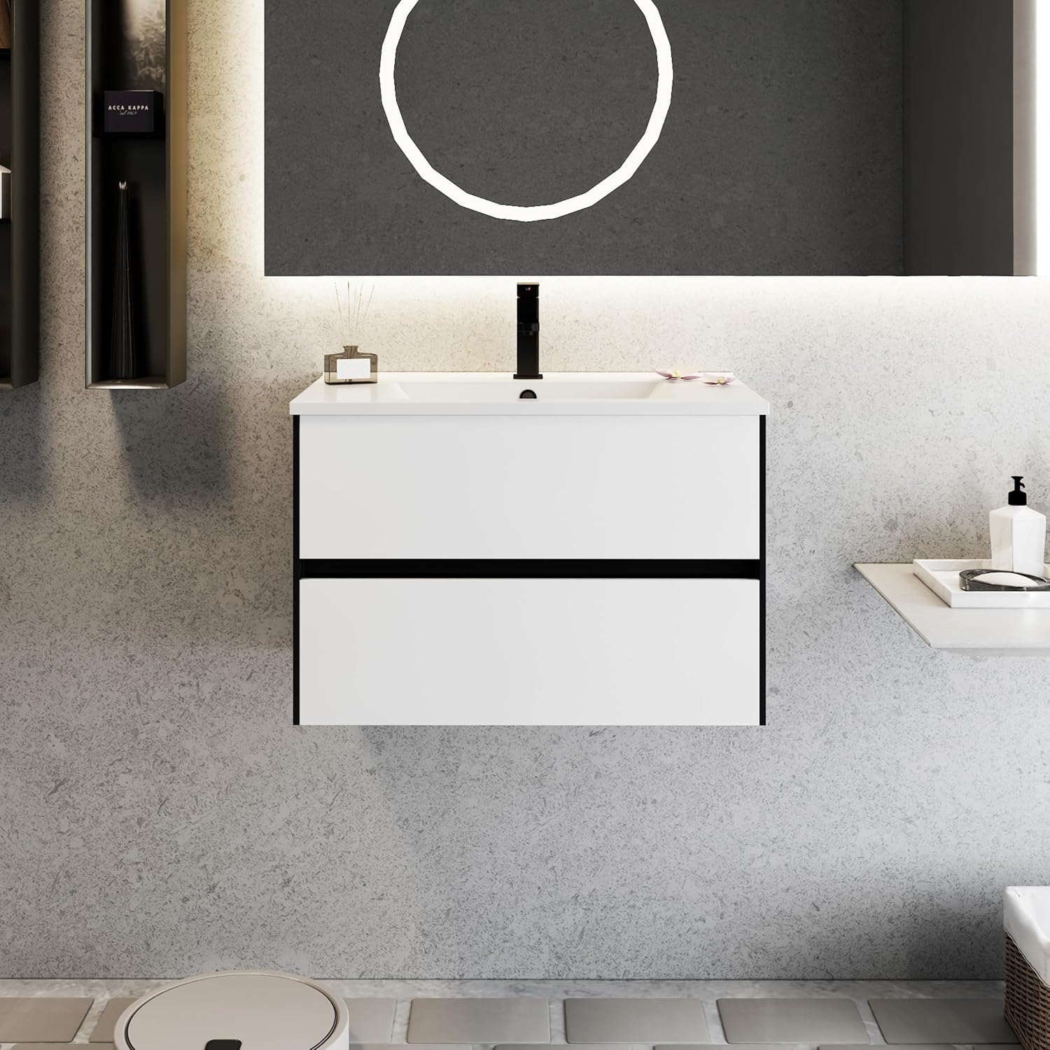 eclife 30' Bathroom Vanity Cabinet with Undermount White Sink Combo, Wall Mounted Floating Bathroom Cabinet with Colors Mixed Style, 2 Big Drawers & Matte Black Faucet