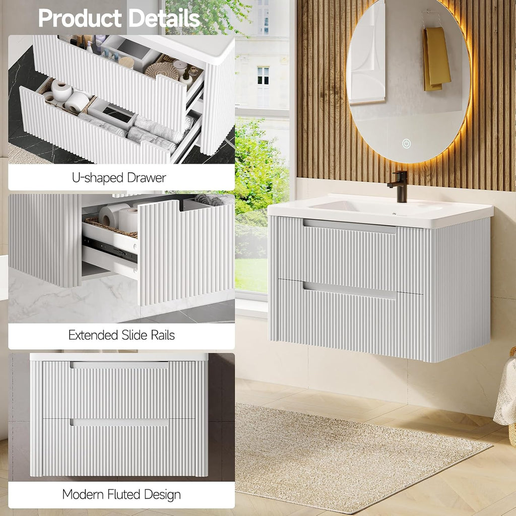 ONBRILL Modern Bathroom Vanity with Sink Combo, Curved Floating Bath Vanity with 2 Drawers, Wall Mount Bathroom Vanities with Integrated Ceramic Sink for Small Space, Apartment (White, 32')