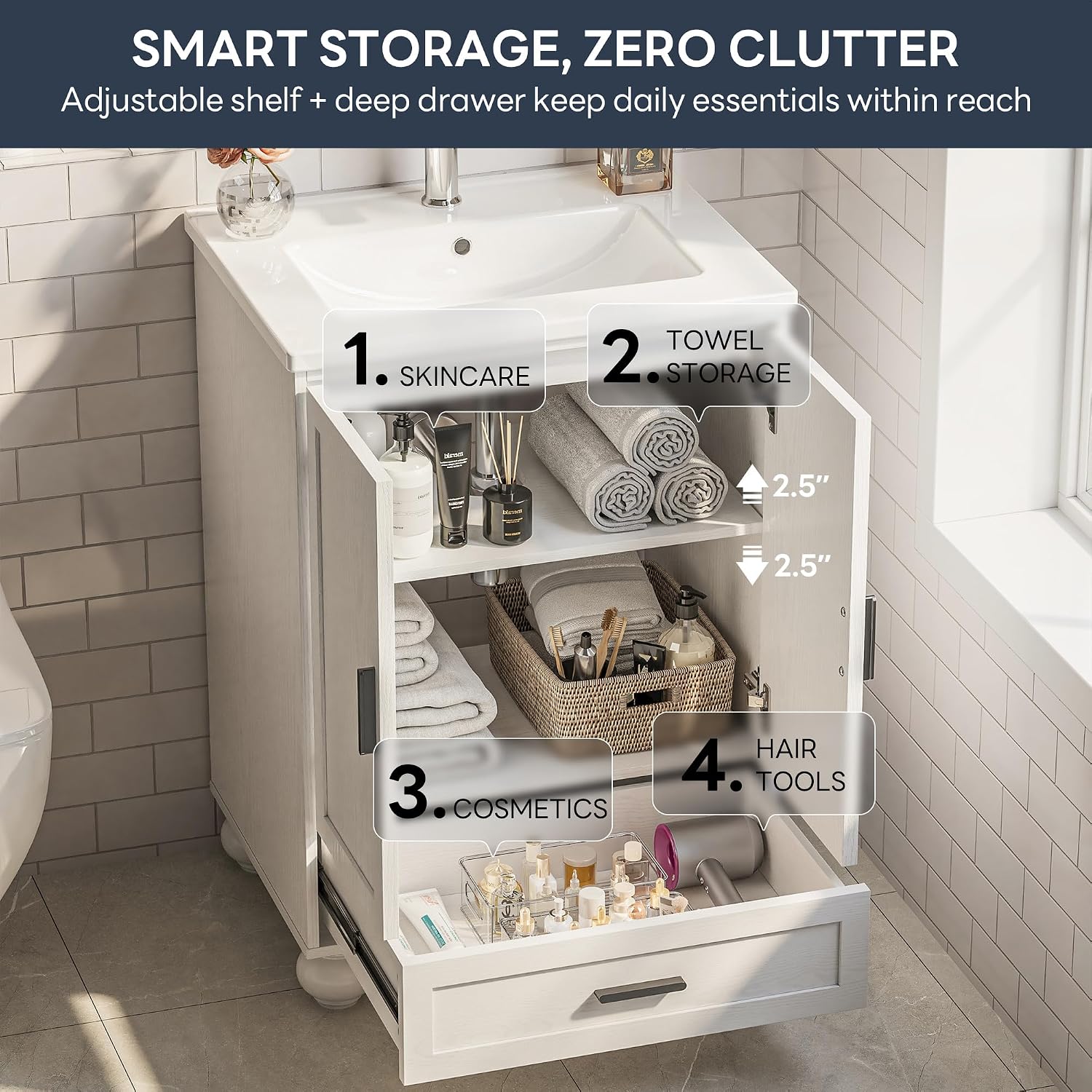 LIKIMIO 24' Bathroom Vanity with Ceramic Sink, Small Bathroom Storage Cabinet, 2 Doors 1 Drawer, 4 Solid Wood Legs, Fits 15-40 sqft Bathroom, White Freestanding Vanity Cabinet for Apartments, Rentals