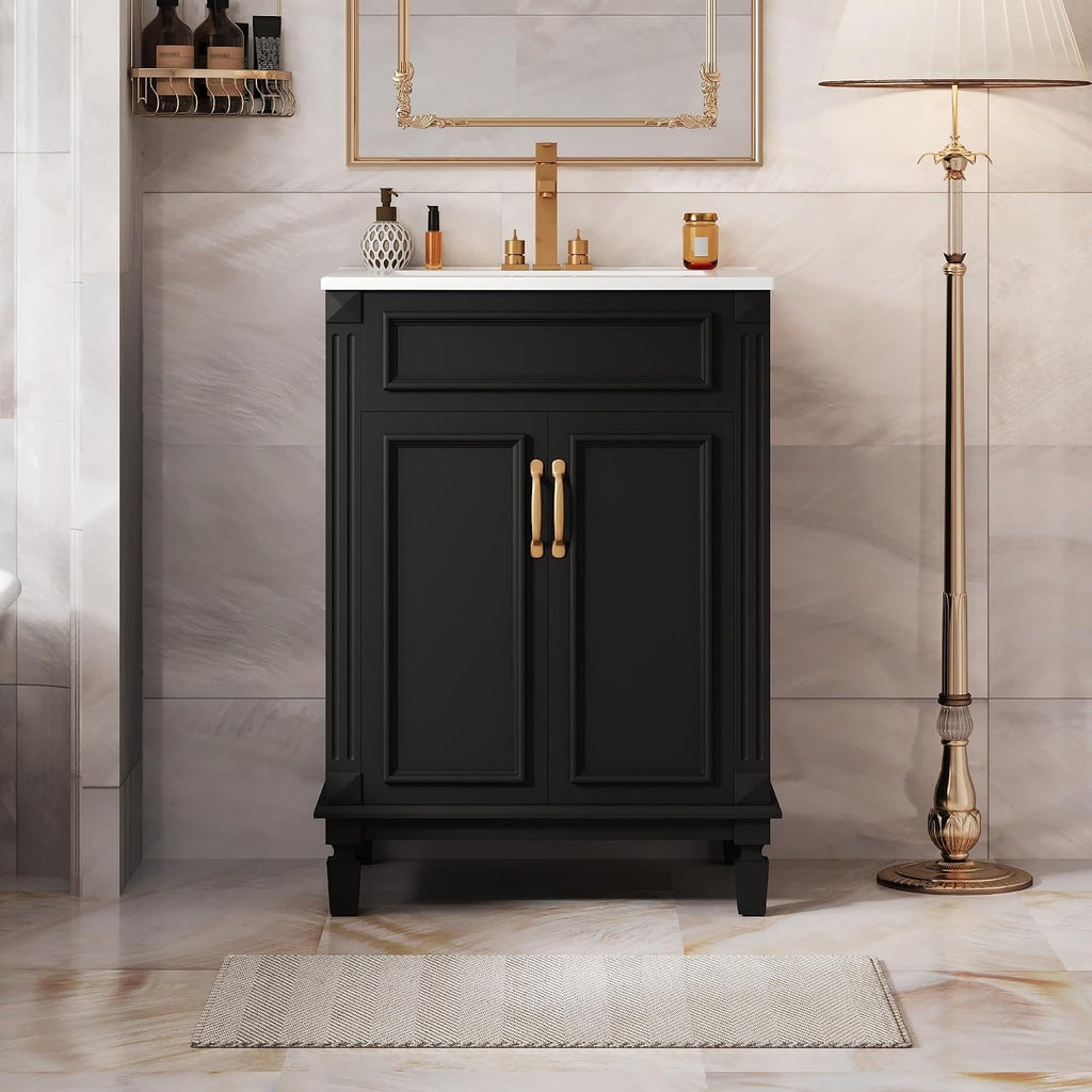 24 Inch Black Bathroom Vanity with Sink,Modern Bathroom Vanity with Intergrated Countertop & 2 Tier Storage Cabinet,Soft-Closing Doors with Gold Handles,Adjustable Shelf,Solid Wood Frame