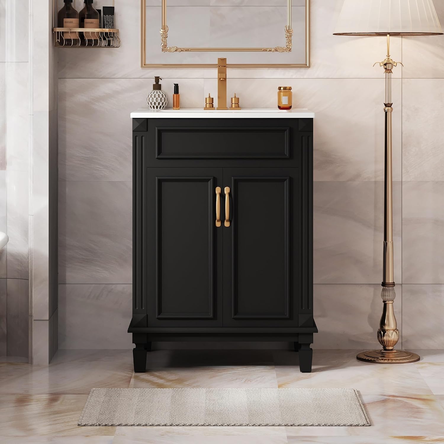 24 Inch Black Bathroom Vanity with Sink,Modern Bathroom Vanity with Intergrated Countertop & 2 Tier Storage Cabinet,Soft-Closing Doors with Gold Handles,Adjustable Shelf,Solid Wood Frame