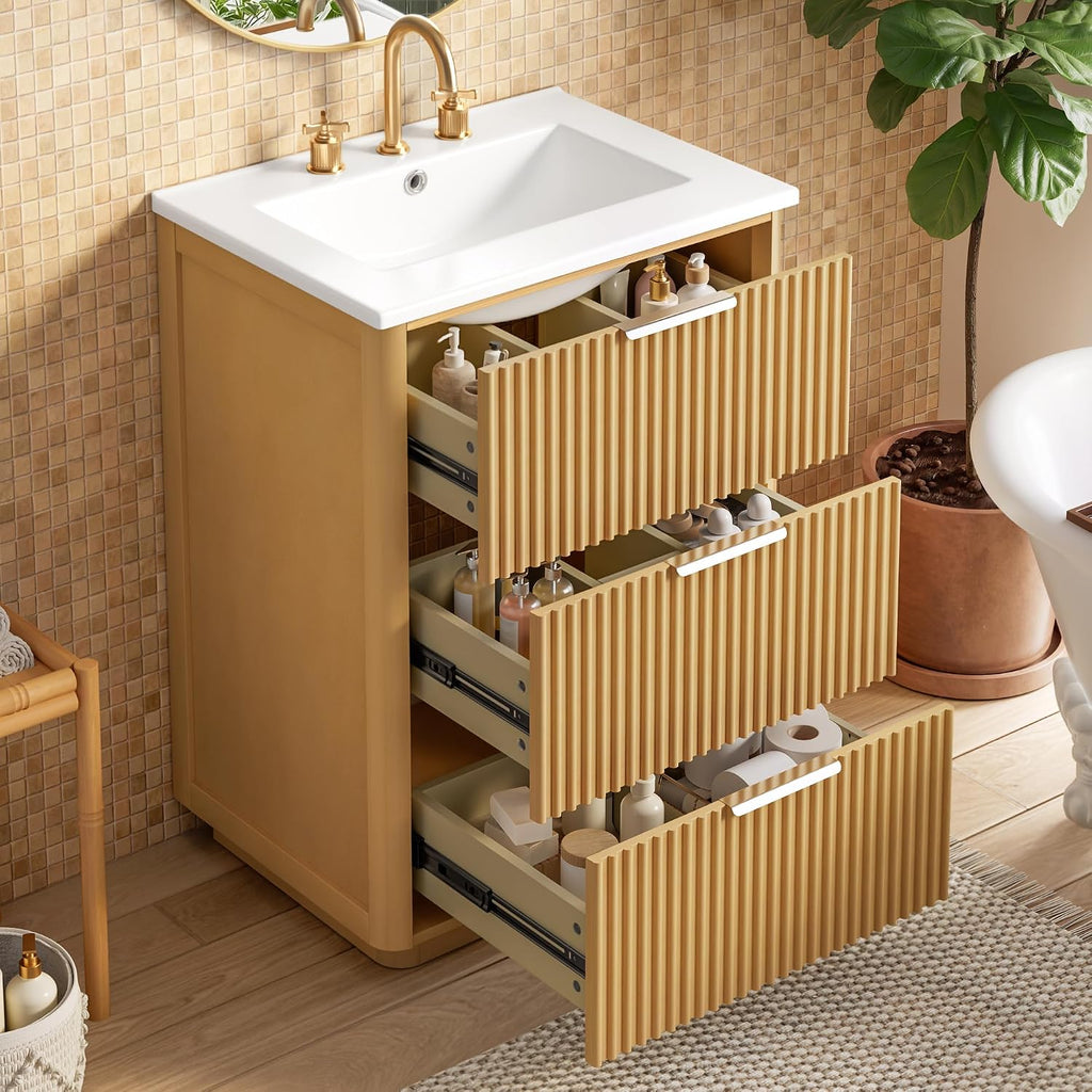 VilroCaz Modern Luxury 24'' Bathroom Vanity with Ceramic Sink, Wood Freestanding Bathroom Storage Cabinet with 3 Drawers, Single Sink Cabinet