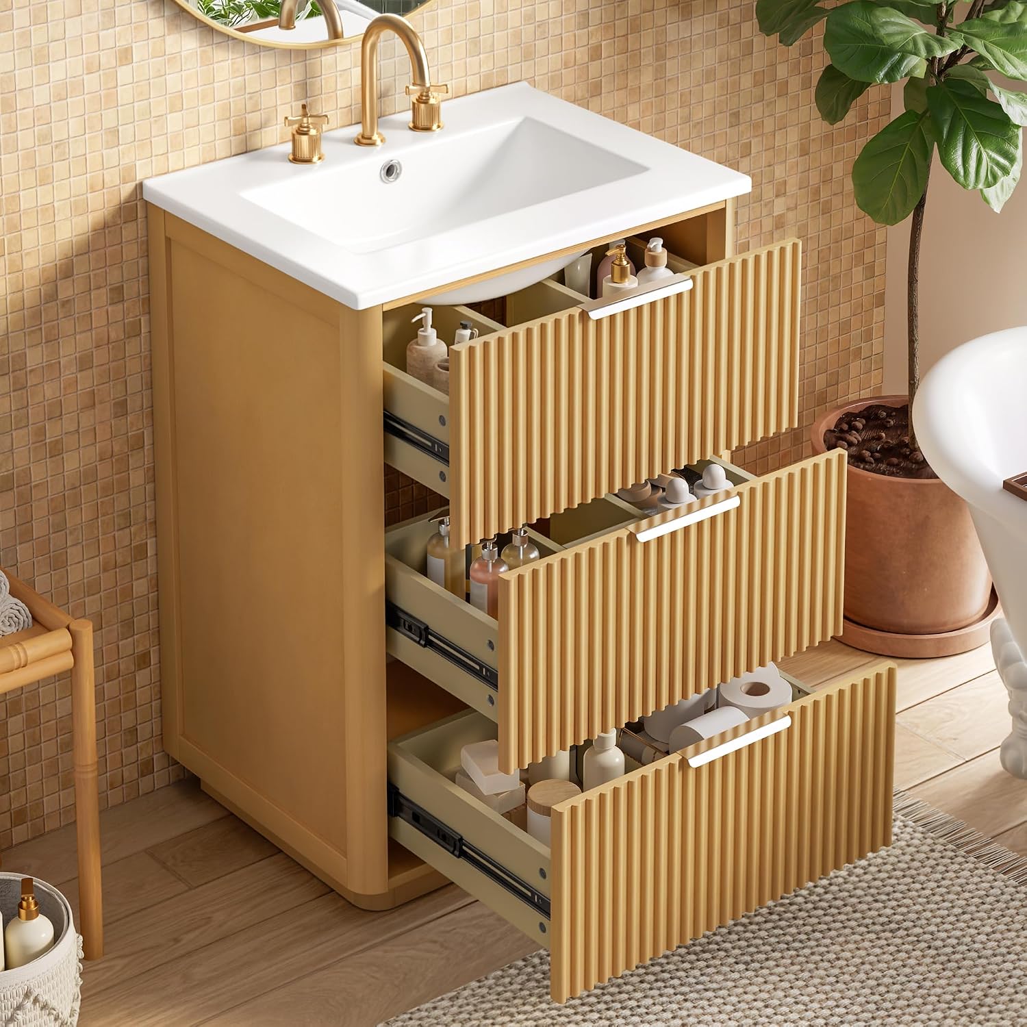 VilroCaz Modern Luxury 24'' Bathroom Vanity with Ceramic Sink, Wood Freestanding Bathroom Storage Cabinet with 3 Drawers, Single Sink Cabinet