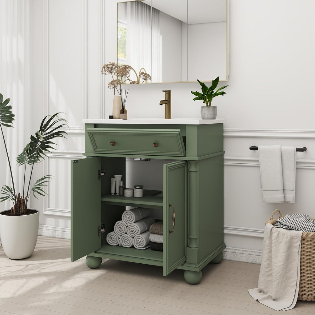 28 Inch Mid-Century Bathroom Vanity with Sink, Green Solid Wood Frame with Roman Column Base, Freestanding Cabinet with Metal Handles and Storage (Green)