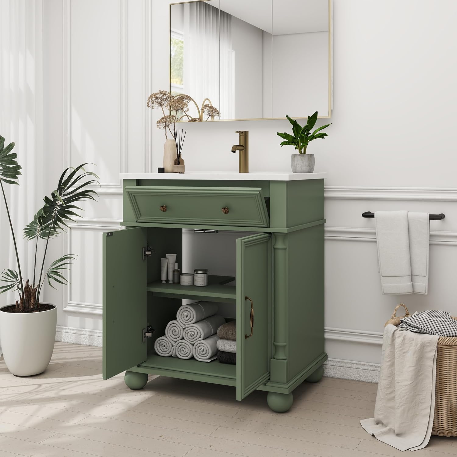 28 Inch Mid-Century Bathroom Vanity with Sink, Green Solid Wood Frame with Roman Column Base, Freestanding Cabinet with Metal Handles and Storage (Green)
