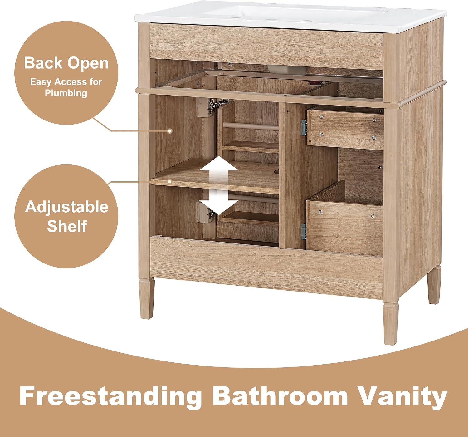 Bathroom Vanity with Sink 30 Inch, Tip-Out Drawer and Door Rack, Adjustable Shelf, Soft-Closing System, Solid Wood Legs, Light Wood