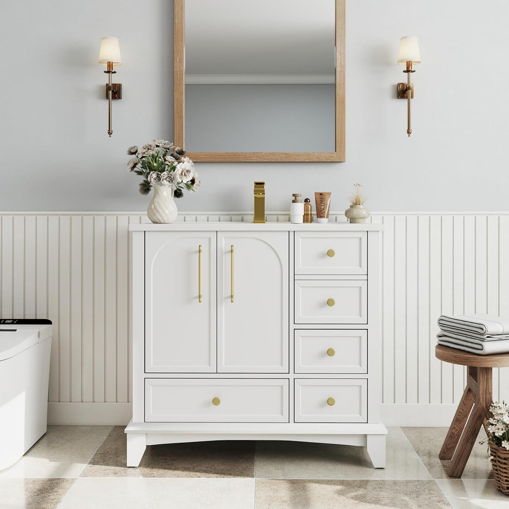 36 inch Bathroom Vanity with Sink Combo, Mid Century Modern Freestanding Bathroom Cabinet with Integrated Ceramic Sink, 4 Storage Drawers, 2 Soft Closed Doors, Adjustable Shelves, Golden Handle, White