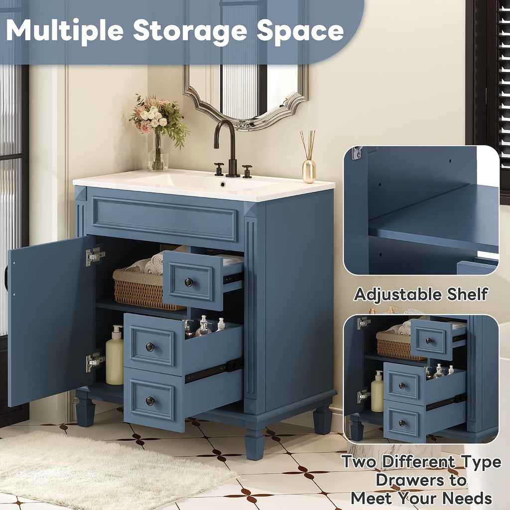 30 Inch Blue-Grey Bathroom Vanity with Sink,Modern Bathroom Vanity with 2 Right Hand Drawers & Adjustable Shelf,Soft Closing Doors & Black Handles,Solid Wood Frame,French Embossed Front