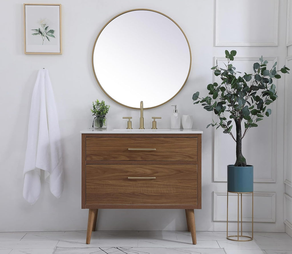 36' Pre-Assembled Bathroom Vanity with Sink, Engineered Wood, Ivory White Engineered Marble Countertop Attached, Single Rectangle Porcelain Sink, 2 Soft-Close Drawers, Walnut Brown