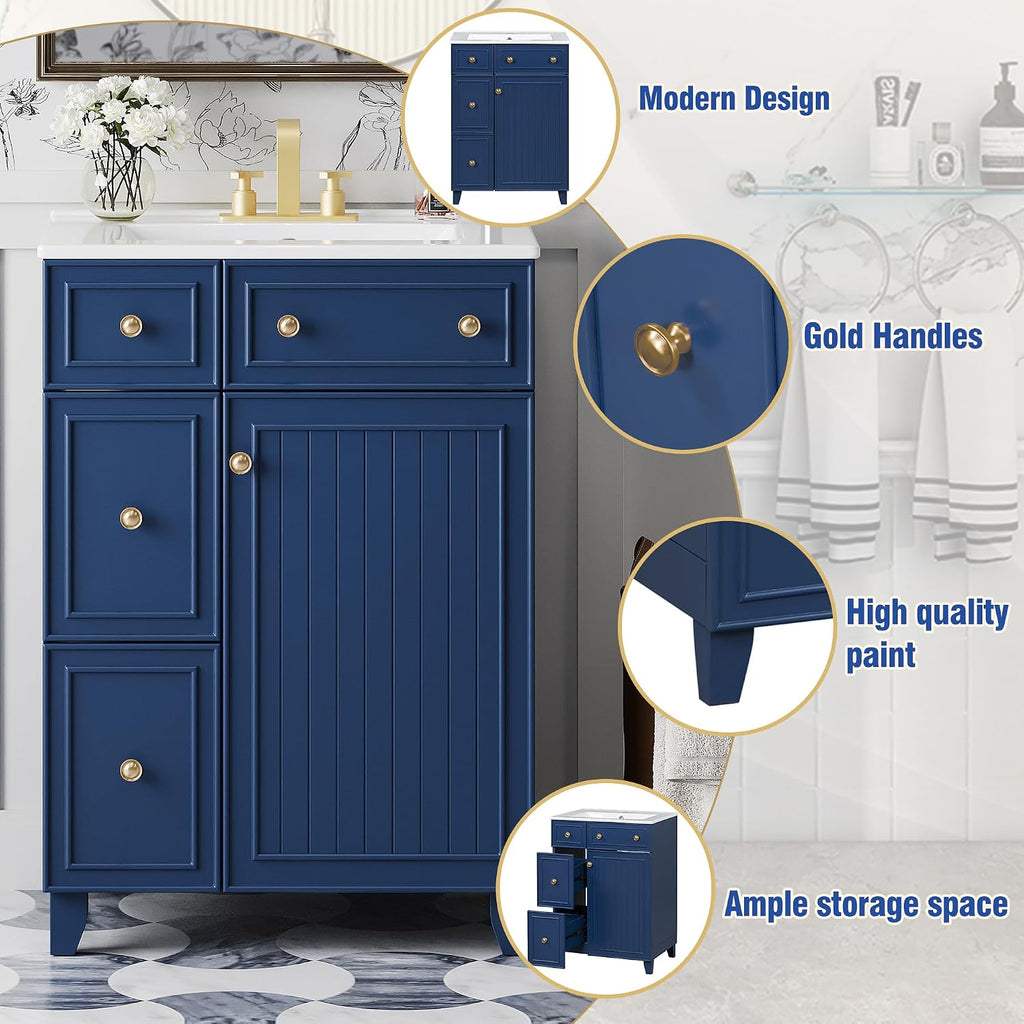 24-inch Bathroom Vanity with Sink Combo Set, Free-Standing Single Storage Cabinet with 2 Drawers and Single Door, Vanity with Ceramic Basin for Bathroom (Blue)