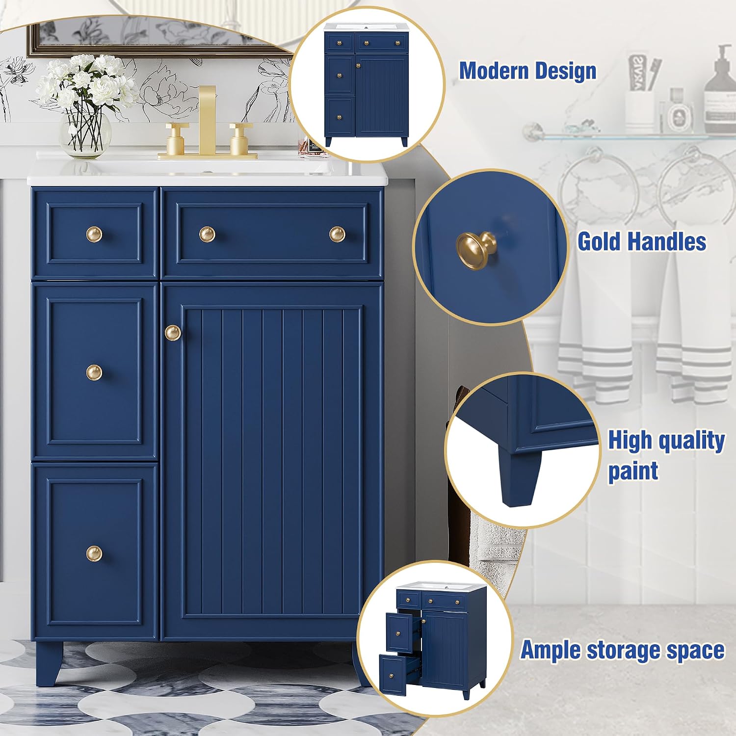 24-inch Bathroom Vanity with Sink Combo Set, Free-Standing Single Storage Cabinet with 2 Drawers and Single Door, Vanity with Ceramic Basin for Bathroom (Blue)