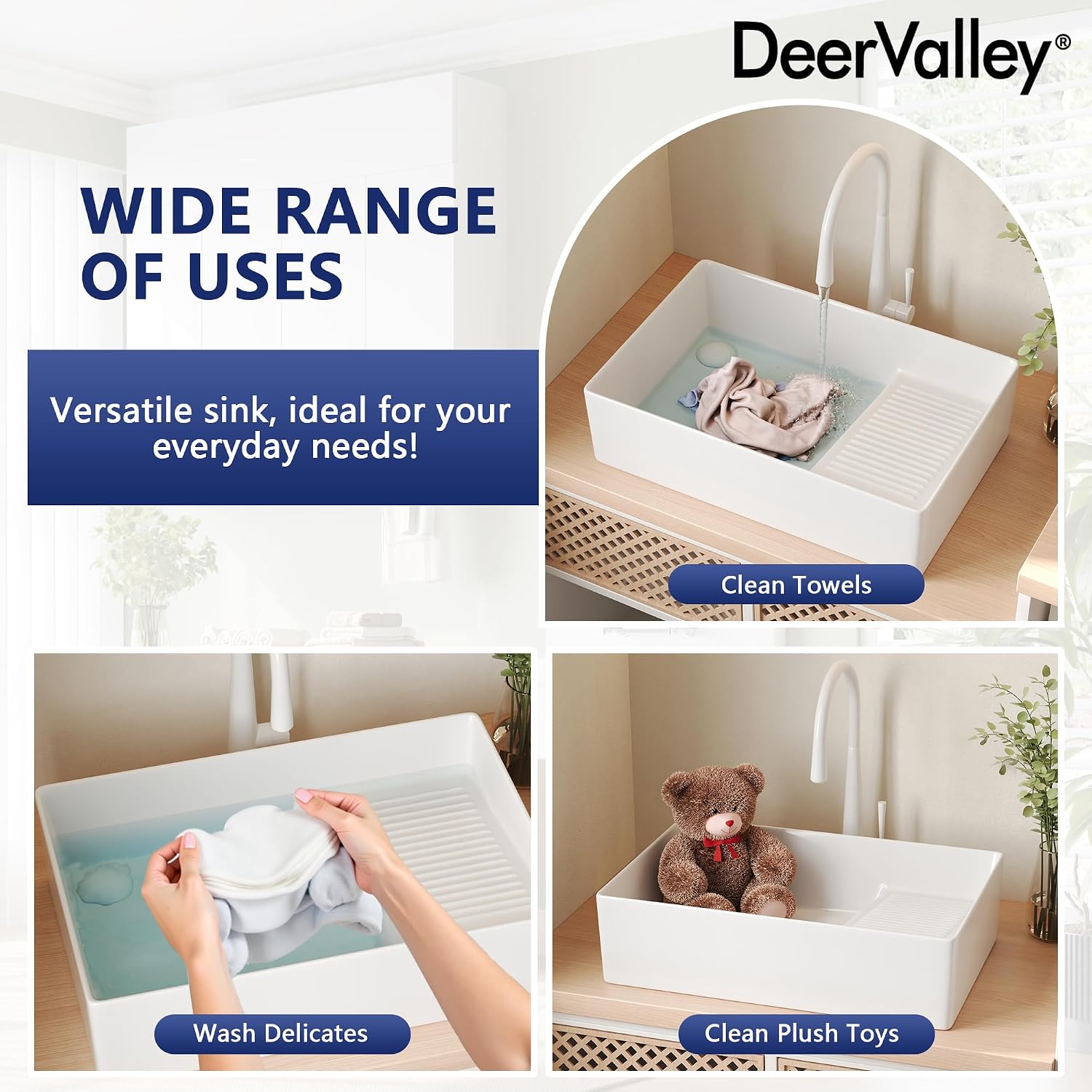 DeerValley 24x15 Inch Utility Vessel Sink, White Ceramic Rectangular Basin with Built-In Washboard and Side Drain, Laundry or Bathroom Sink, DV-1V0321