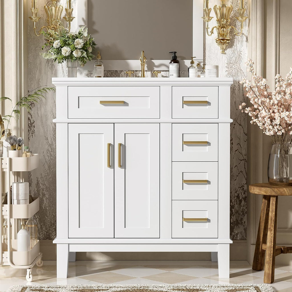 Harper & Bright Designs 30' Bathroom Vanity with Sink, Free Standing Single Basin Vanity Set with 2 Drawers, and Soft-Close Doors, Wood Bathroom Cabinet with Ceramic Basin for Bathroom, White