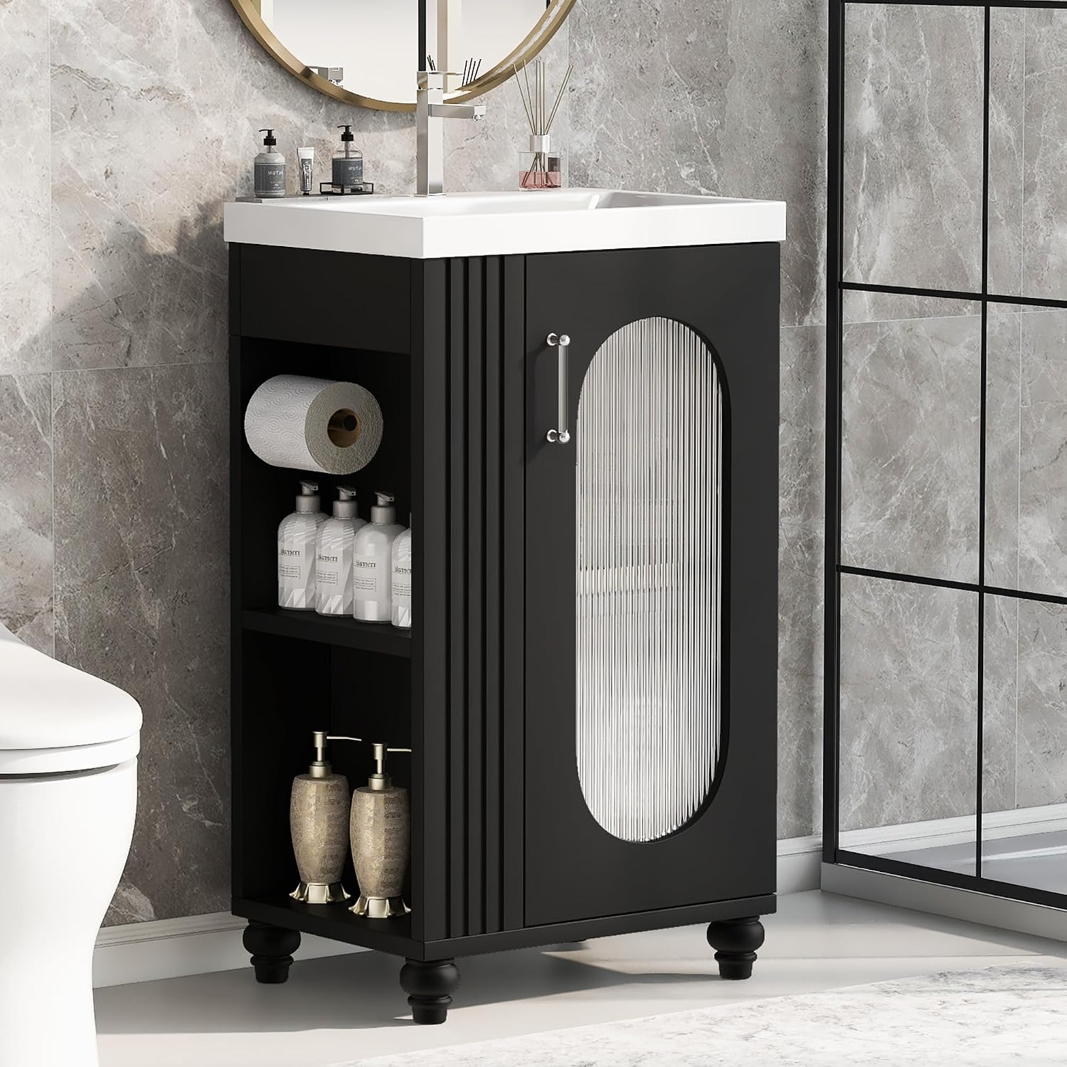 20-inch Bathroom Vanity with Sink, Free Standing Vanity Cabinet with Two-Tier Shelf and Glass Door, Wooden Bath Set Organizer with Single Ceramic Sink for Bathroom, Black