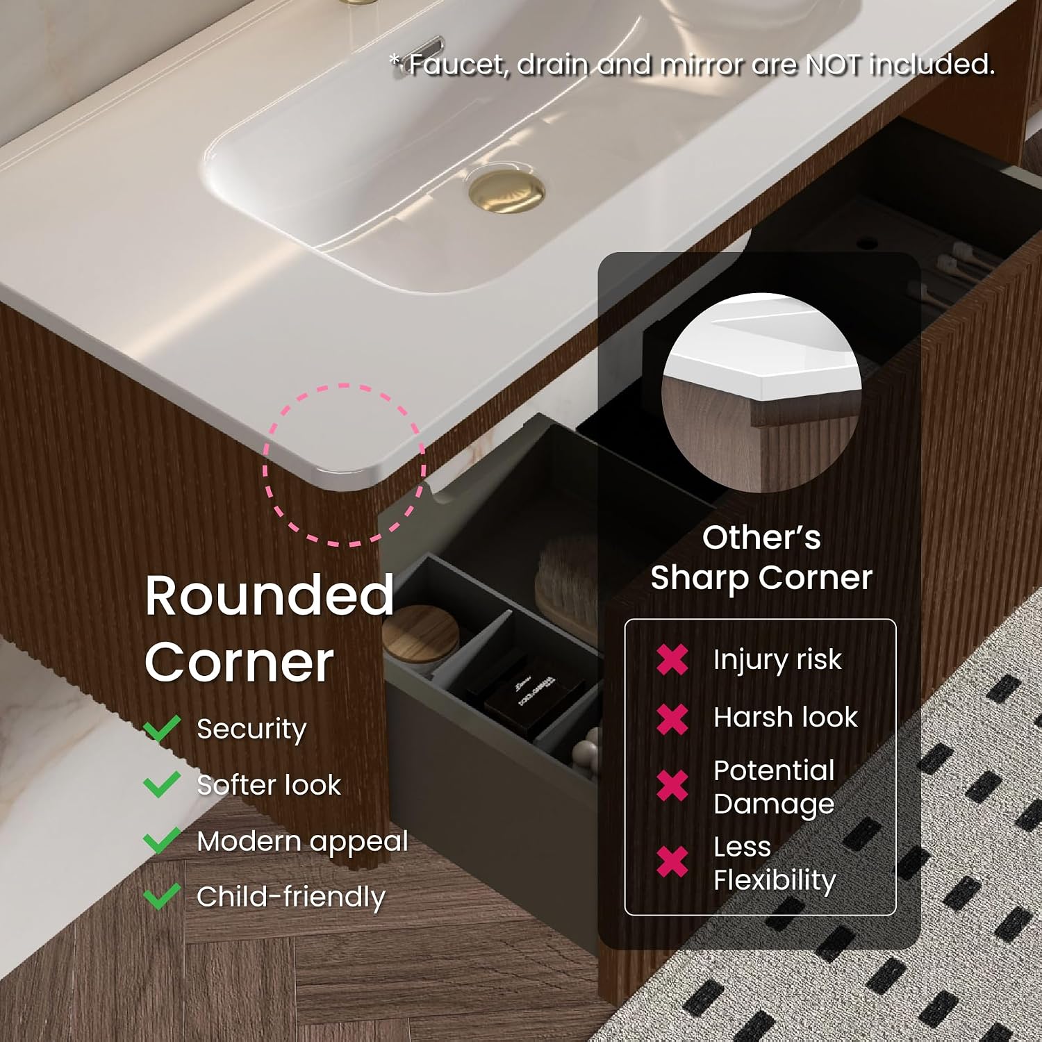36 Inch Bathroom Vanity with Sink, Modern Floating Vanity with Push Open Soft Close Drawer, Large Storage for Powder Room, Brushed Black Oak, Fully Assembled - Camellia Collection