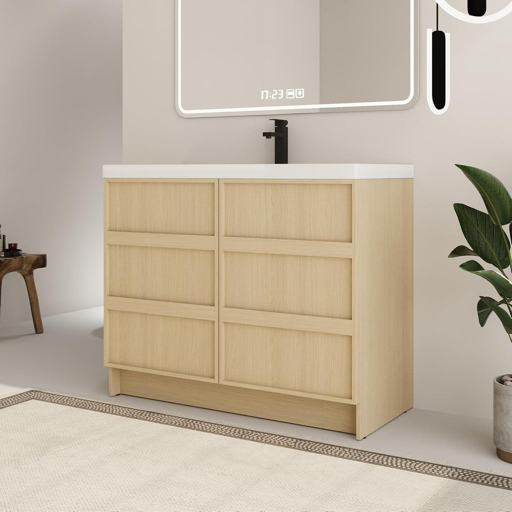 42 Inch Bathroom Vanity with Sink, 42' Freestanding Bathroom Vanity for Large Space, Premium Plywood Wooden Cabinet with 2 Soft Close Doors, Modern Floor Stand Cabinet Set, White Resin Sink Top