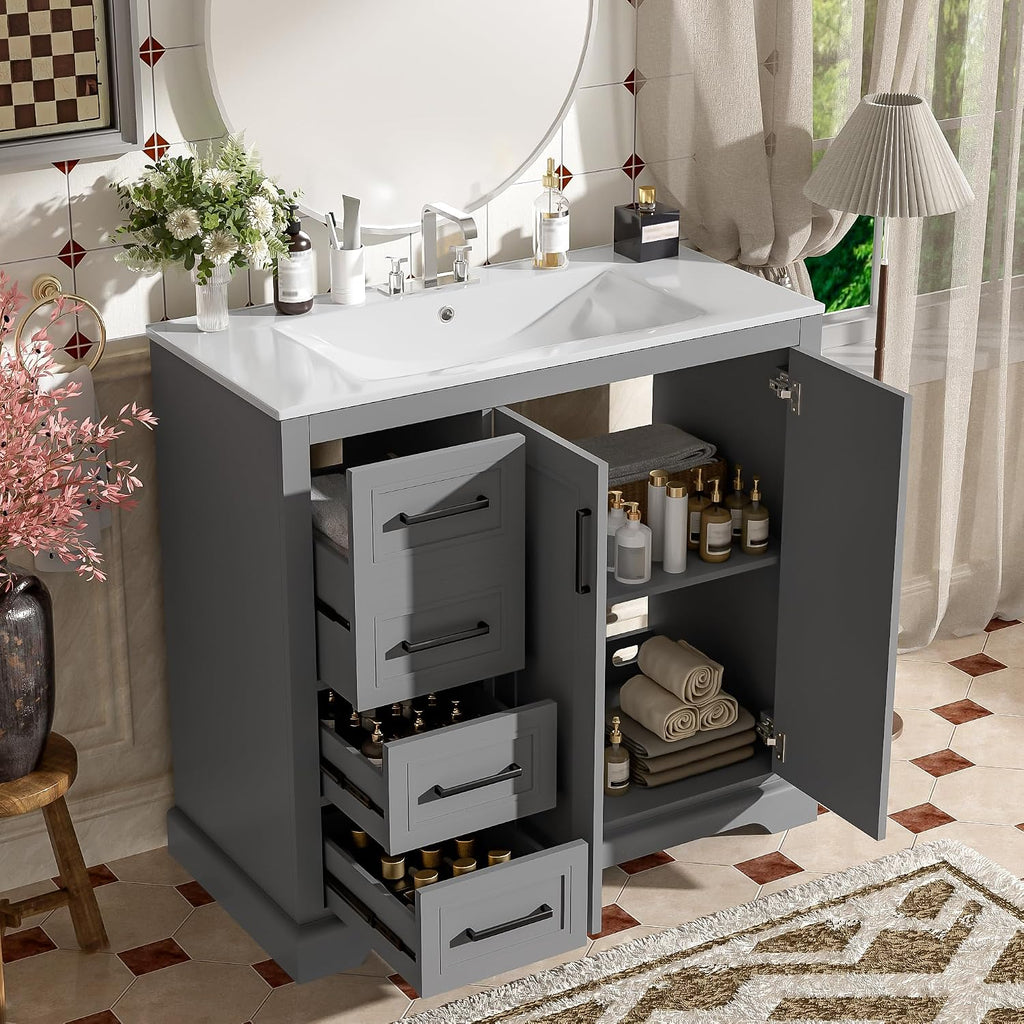 Merax 36' Bathroom Vanity with Ceramic Sink Combo, Freestanding Minimalist Vanities Cabinet & Large Adjustable Shelf and 3 Storage Drawers, Soft Closing Doors, Solid Wood Frame, Gray