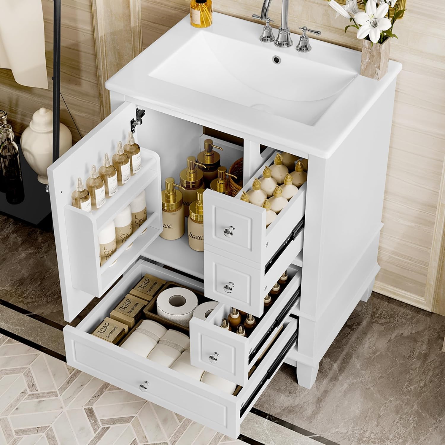 Mirightone 24' Vanity with Sink, Small Bathroom Vanities 24 Inch with Sink, Single Sink Bathroom Vanity with Door Shelf and Three Drawers, Restroom Vanity with Sink Top (White)