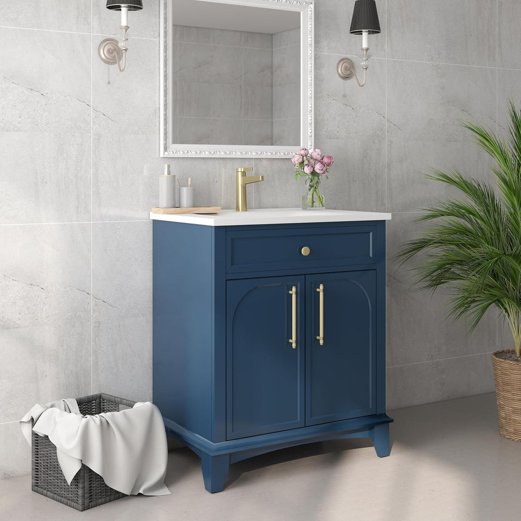 28 inch Bathroom Vanity with Sink Combo, Mid Century Modern Freestanding Bathroom Cabinet with Integrated Ceramic Sink, 2 Soft Closed Doors, Adjustable Shelves, Golden Handle, Blue