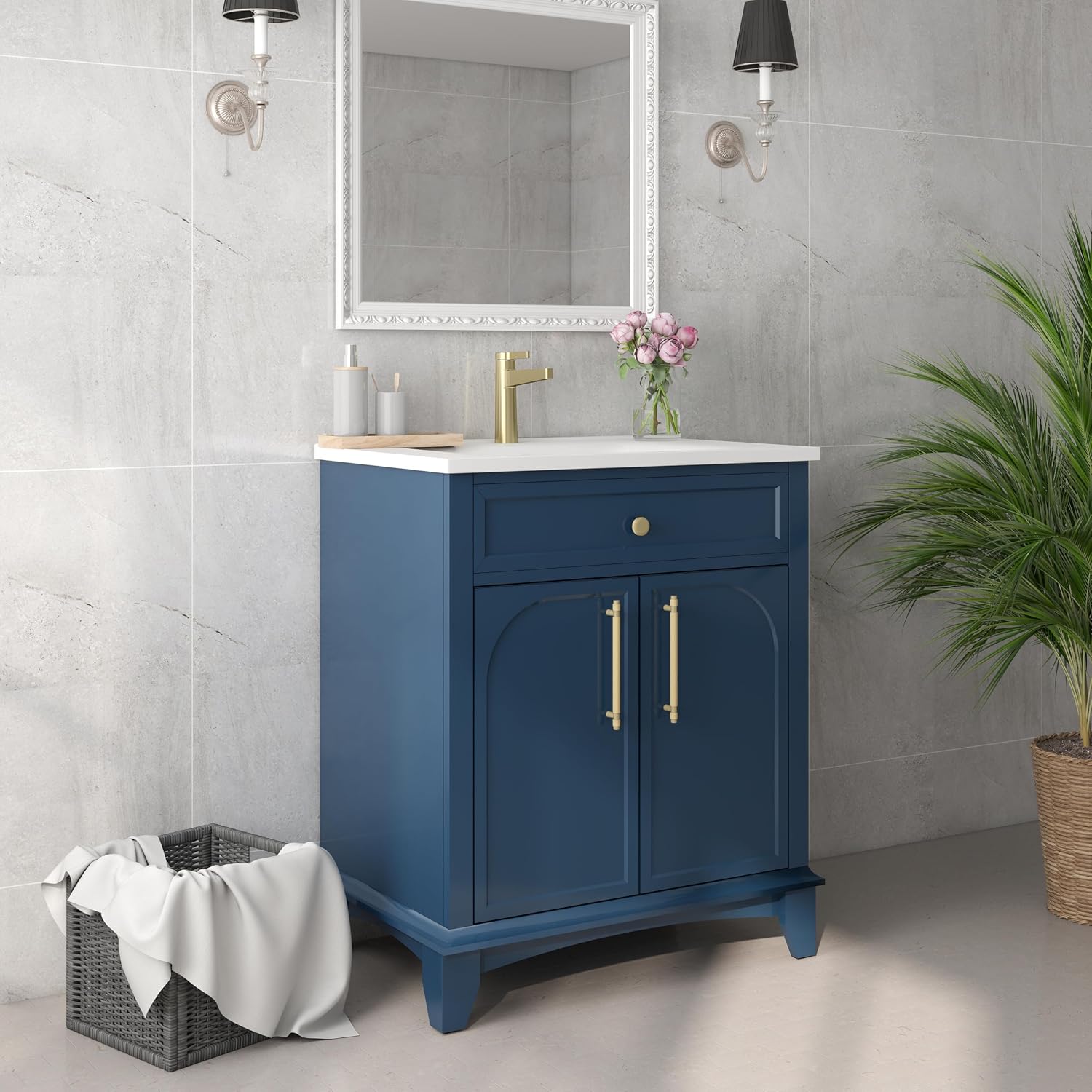 28 inch Bathroom Vanity with Sink Combo, Mid Century Modern Freestanding Bathroom Cabinet with Integrated Ceramic Sink, 2 Soft Closed Doors, Adjustable Shelves, Golden Handle, Blue