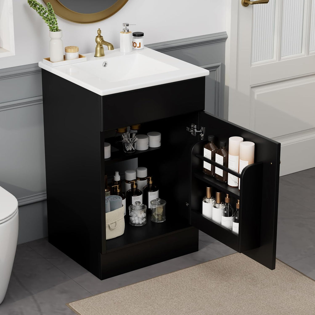 Harper & Bright Designs 20' Bathroom Vanity with Sink, Free Standing Single Basin Vanity Set with Adjustable Shelf & Storage Rack, Solid Wood Bathroom Cabinet with Ceramic Basin for Bathroom, Black
