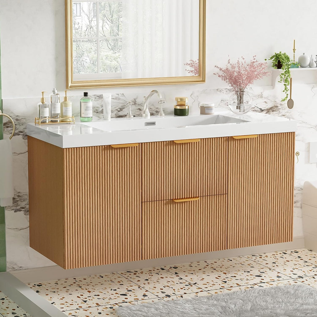 48'' Floating Bathroom Vanity with Sink, Painted Surface Wall Mounted Bathroom Vanity Cabinet, Soft Closing System, SMC Vanity Top, Natural