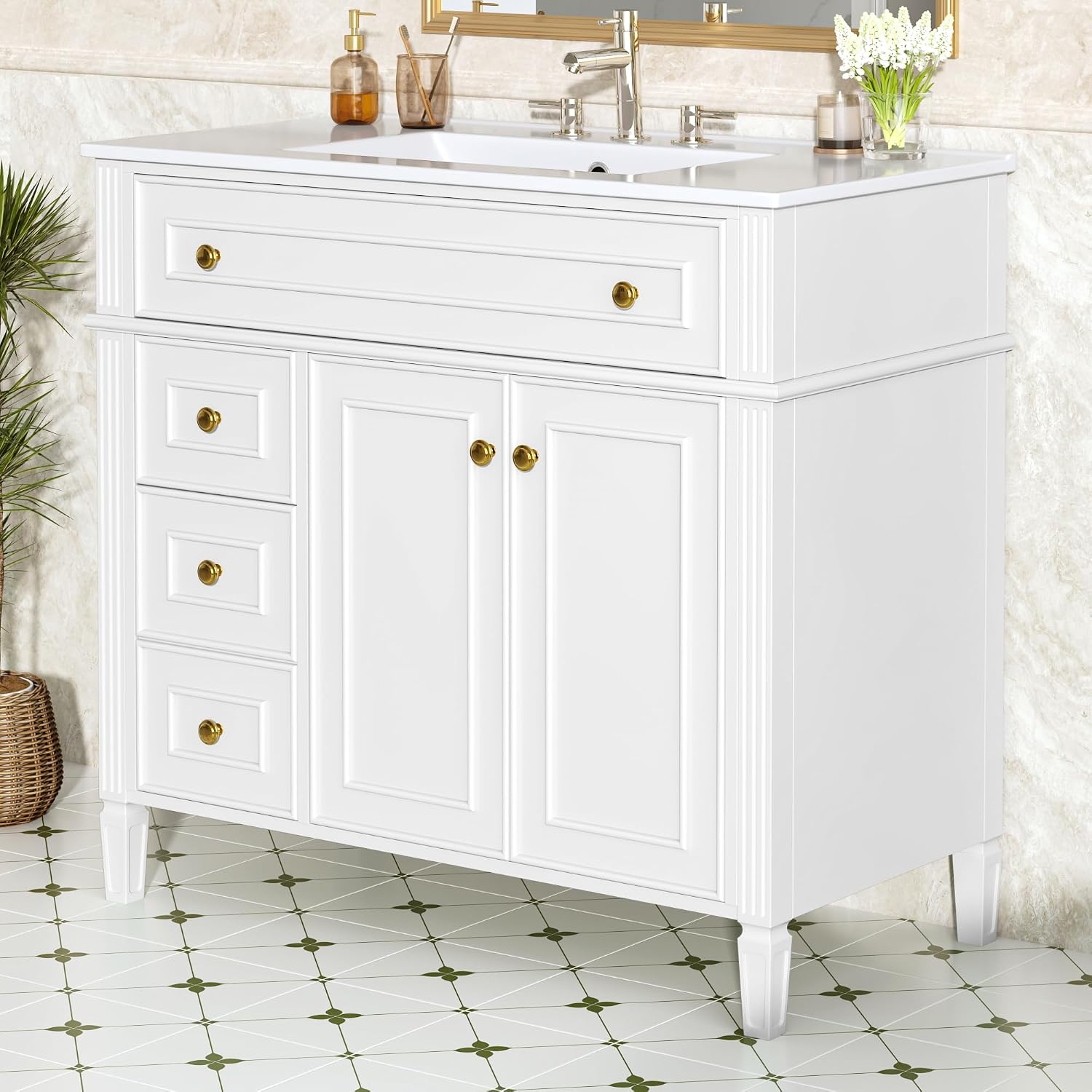 36' Bathroom Vanity Cabinet with Ceramic Countertop Sink Combo Set, Solid Wood Frame, Tilt-Out Drawers and Left Side Drawers, Soft Closing Door Hinges, Farmhouse Style, White