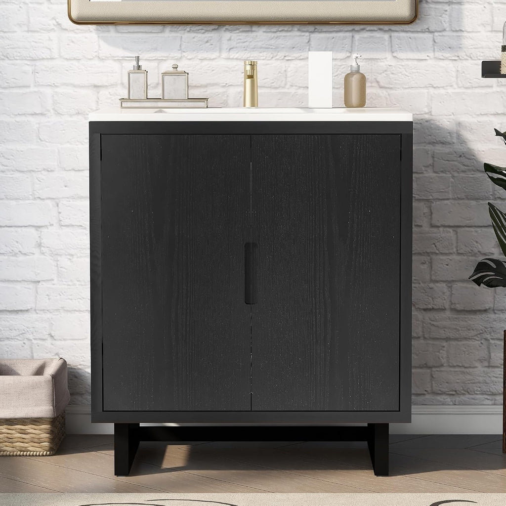 Harper & Bright Designs 30' Bathroom Vanity with Sink, Free Standing Single Basin Vanity Set with 2 Doors Lager Cabinet, Modern Wooden Bathroom Cabinet with Resin Basin for Bathroom, Black
