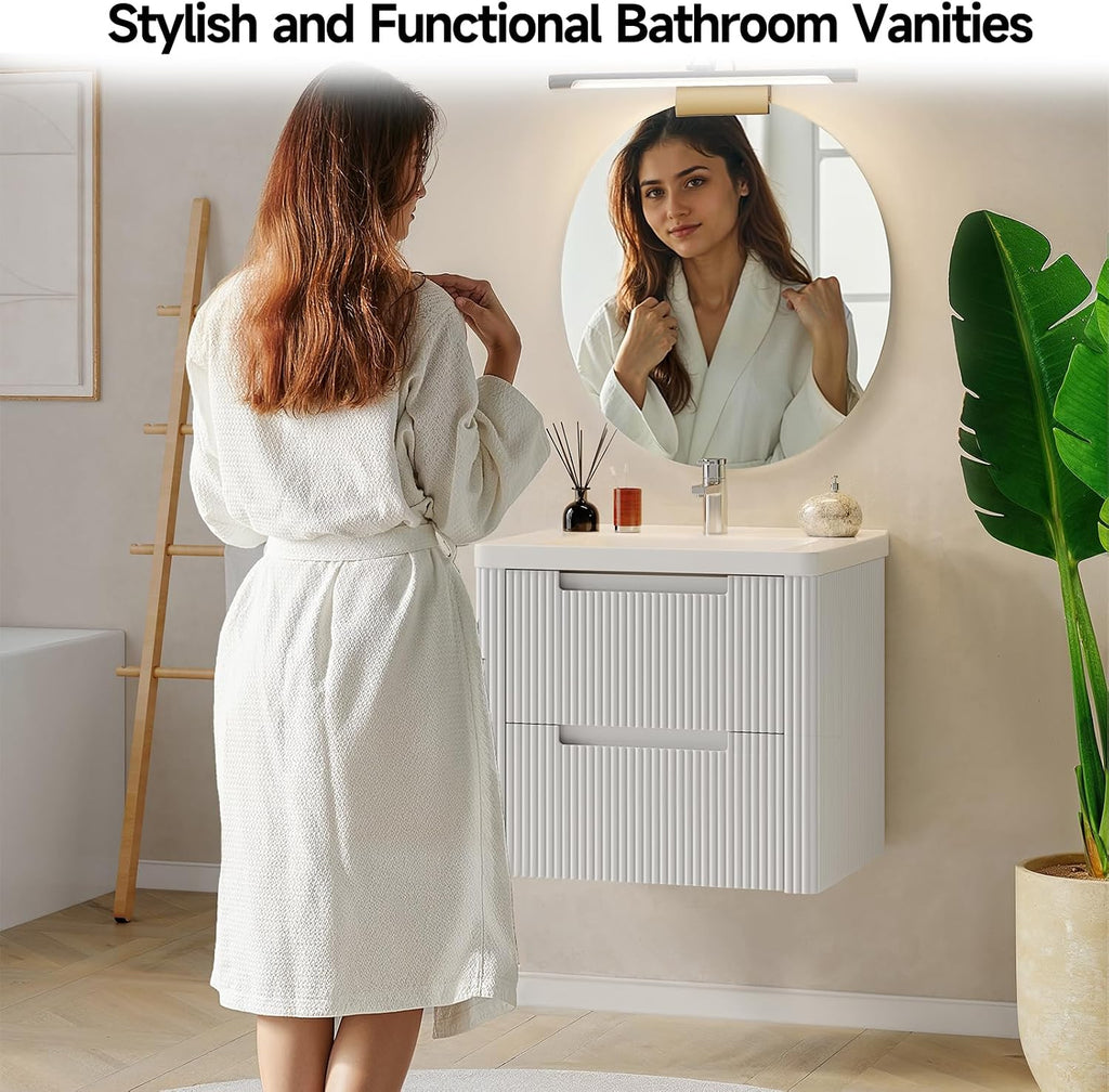 ONBRILL Modern Bathroom Vanity with Sink Combo, Curved Floating Bath Vanity with 2 Drawers, Wall Mount Bathroom Vanities with Integrated Ceramic Sink for Small Space, Apartment (White, 24')