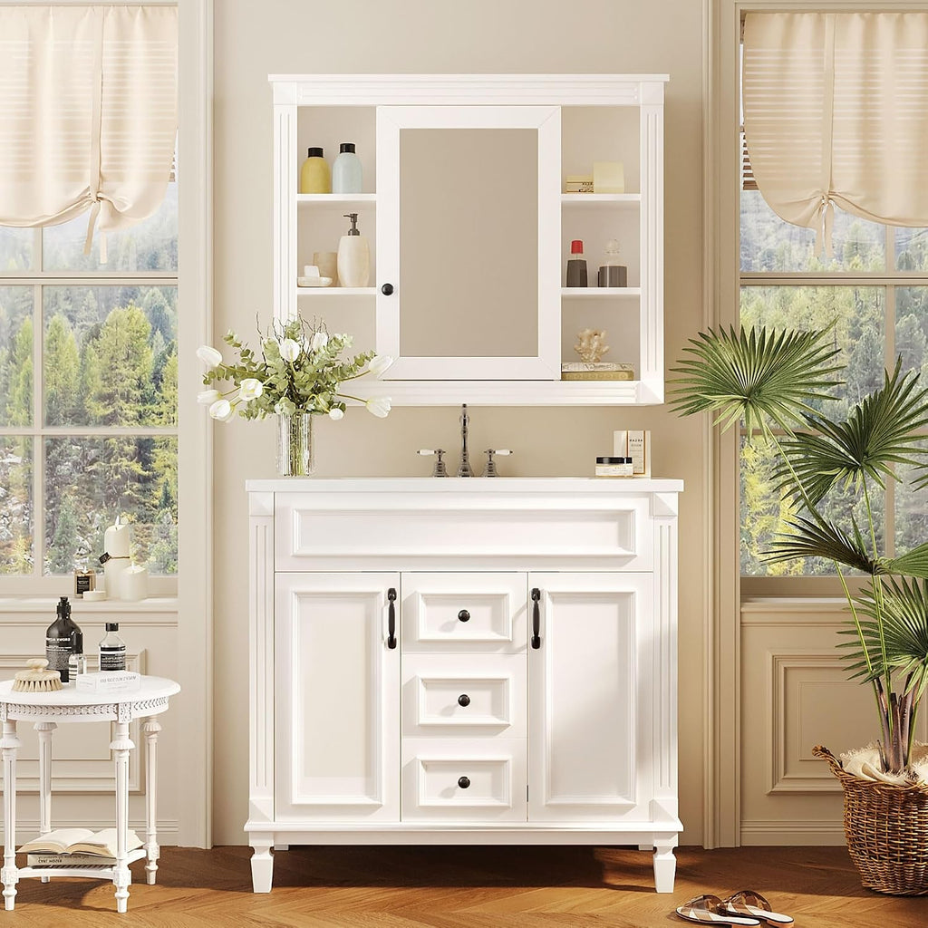 Merax 36' Bathroom Vanities with Matching Medicine Cabinet & Single Sink, Modern Undermount Bathroom Sink Cabinet with 3 Closing Doors & 2 Full Extension Dovetail Drawers